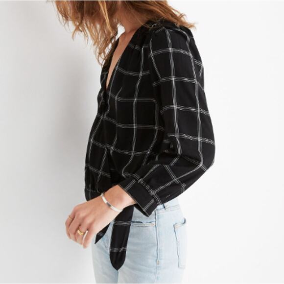 MADEWELL Women's Balsam Plaid Black Window Pane Wrap Top XS FALL - Picture 6 of 7